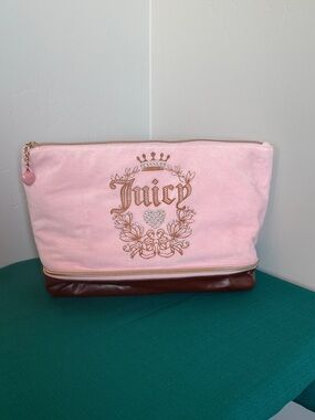 Juicy Couture Large Pink Velour Cosmetic Bag Y2K Rhinestone Logo Travel Case